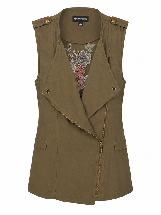 My Michelle Jackets & Blazers - My Michelle Olive Green Utility Vest with Embroidered Back